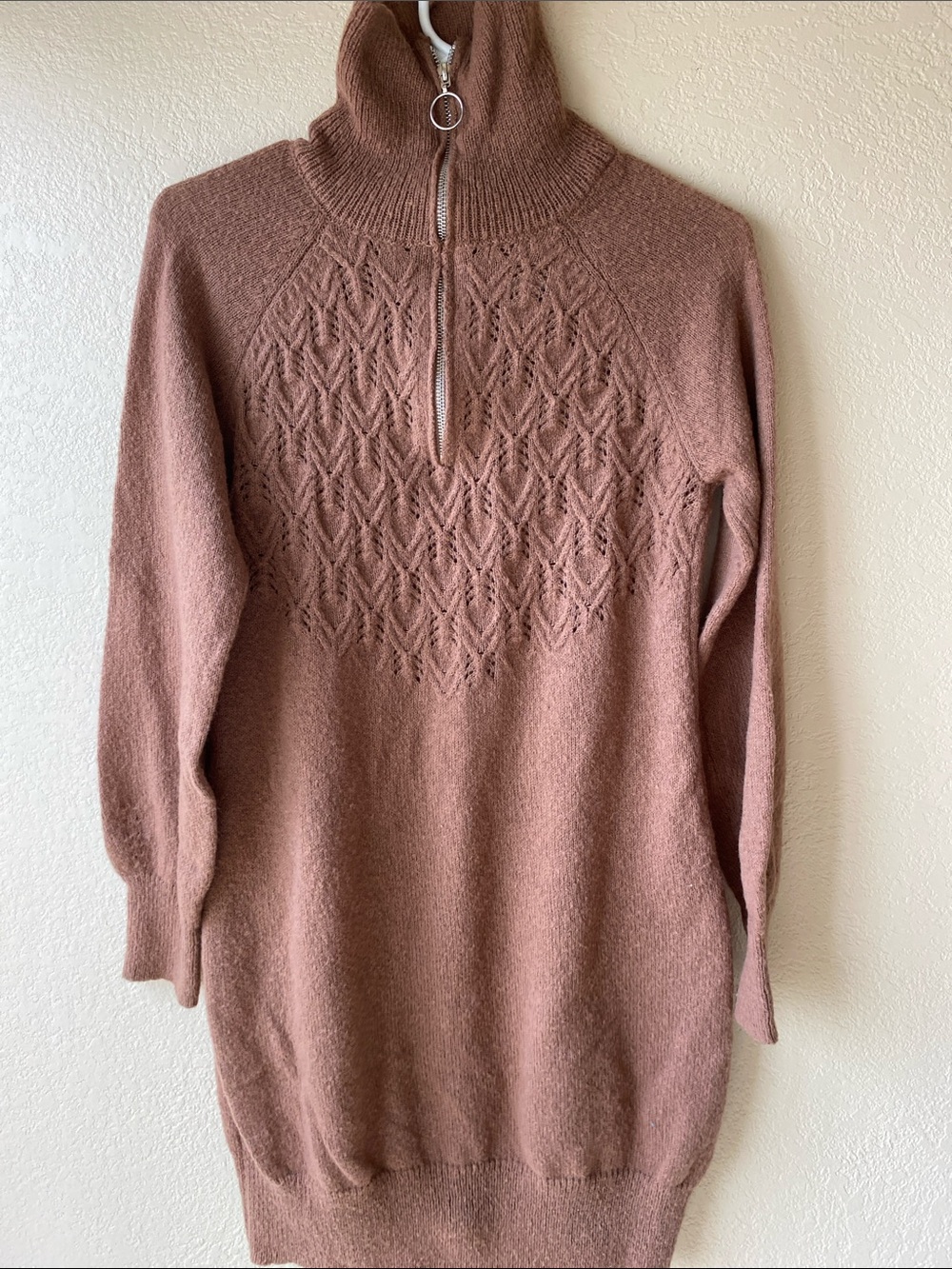 Women's Zip-Neck Pointelle Sweater Dress - Dusty Rose Beige